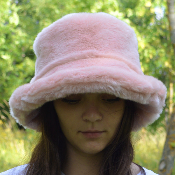 Fur pink hat for women. Luxury fashion furry hat.  Cute fuzzy bucket hats.  Fluffy warm hat. Faux fur bucket hat.
