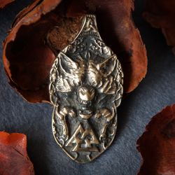 Wolf protect pendant on leather cord. Massive Fenrir viking necklace. Heavy Man totem. Scandinavian handmade jewelry.