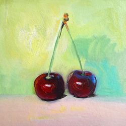 Cherry Painting Fruit Original Art Still life Artwork Food Wall Art Impasto Oil Painting 6 by 6 inches