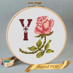 Floral letter Y pdf cross stitch Flower monogram alphabet easy embroidery