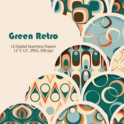 Digital retro seamless pattern set. Emerald green, beige, light blue geometric paper in 60s, 70s style. Bright backdrop