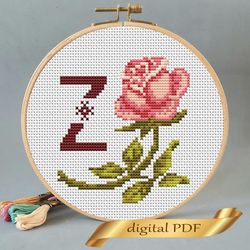 Floral letter Z pdf cross stitch Flower monogram alphabet easy embroidery