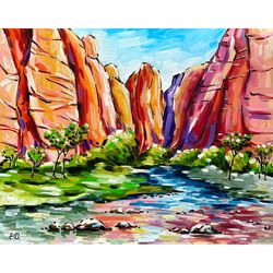 Zion National Park Original Oil Painting Utah Landscape Mountain River Art 14x11 inches Zion Painting Art