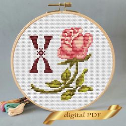 Floral letter X pdf cross stitch Flower monogram alphabet easy embroidery