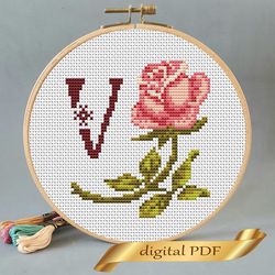 Floral letter V pdf cross stitch Flower monogram alphabet easy embroidery
