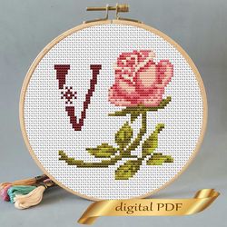 floral letter v pdf cross stitch flower monogram alphabet easy embroidery