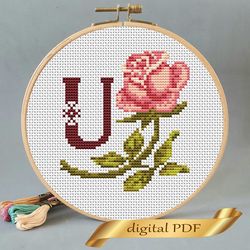 Floral letter U pdf cross stitch Flower monogram alphabet easy embroidery