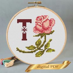 floral letter t pdf cross stitch flower monogram alphabet easy embroidery
