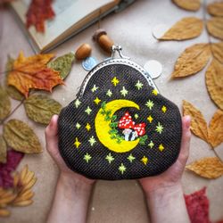 coin purse, keychain wallet, clasp wallet, magic mushroom, change purse, card holder wallet, moon phase, moon and stars,