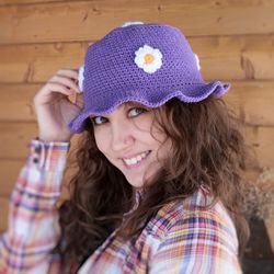 Crochet bucket hat for girl, purple bucket hat, hat with flowers