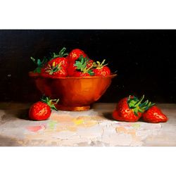 Strawberry Painting Fruit Original Art Still Life Artwork Food Wall Art Impasto Oil Painting 8 by 12 inches