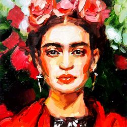 Frida Kahlo Painting Portrait Original Art Floral Artwork Impasto Oil Painting Small 8 by 8 inches
