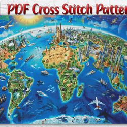 World Map Cross Stitch Pattern / Earth Map Cross Stitch Chart / Ocean Map Cross Stitch Pattern / Printable PDF Chart