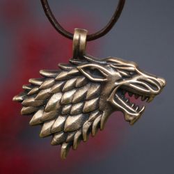 Wolf pendant on black leather cord. Stark House symbol.  Handmade Game Of Thrones necklace. Direwolf jewelry for man.