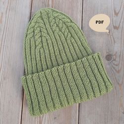 Ribbed Hat Knitting Pattern 1 Adult Size Slouchy Beanie with Fold Over Brim for Winter Cabled Crown
