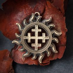 Mara cross pendant on leather cord. Pagan sun Slavic symbol necklace. female Amulet. Handmade mascot jewelry.