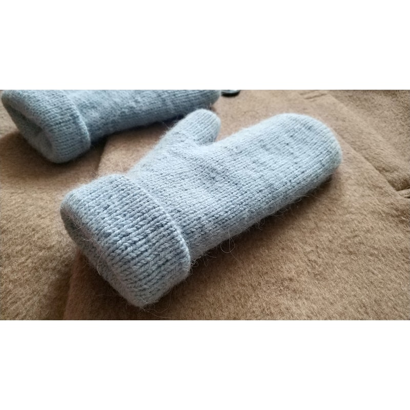 Double soft light blue color warm alpaca wool women handknitted mittens