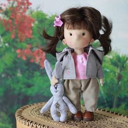 Fabric art doll with rabbit. Interior doll. Ready to ship doll