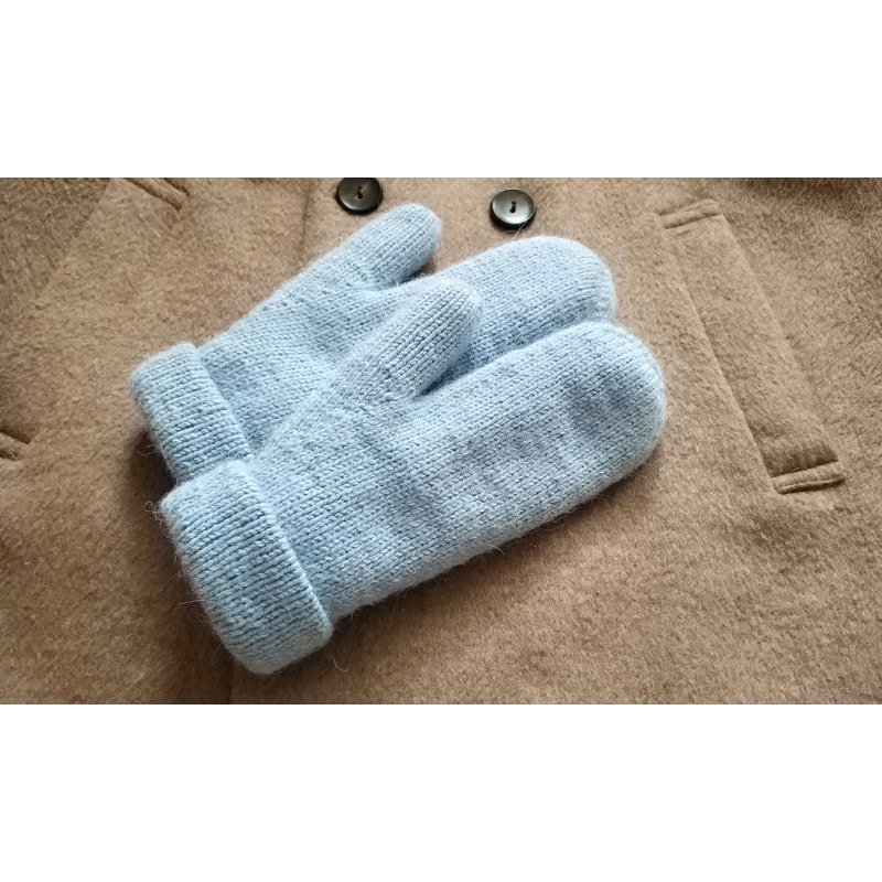 Double soft light blue color warm alpaca wool women handknitted mittens