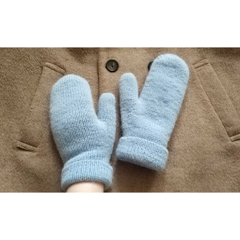 Double soft light blue color warm alpaca wool women handknitted mittens