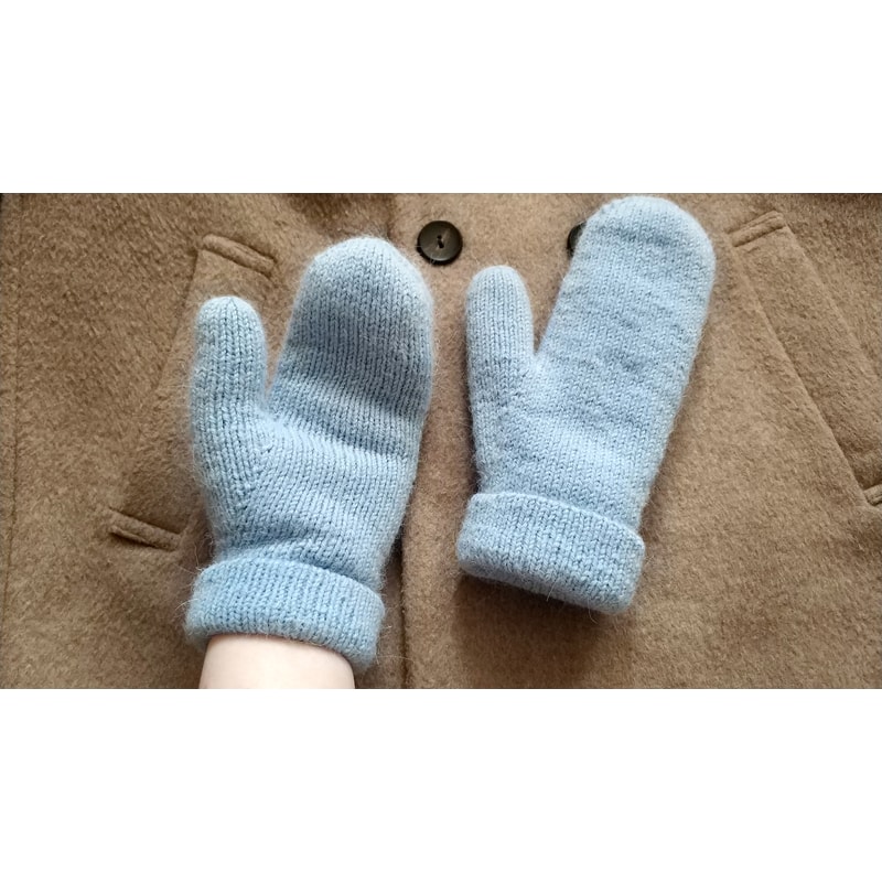 Double soft light blue color warm alpaca wool women handknitted mittens