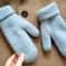 Double soft light blue color warm alpaca wool women handknitted mittens