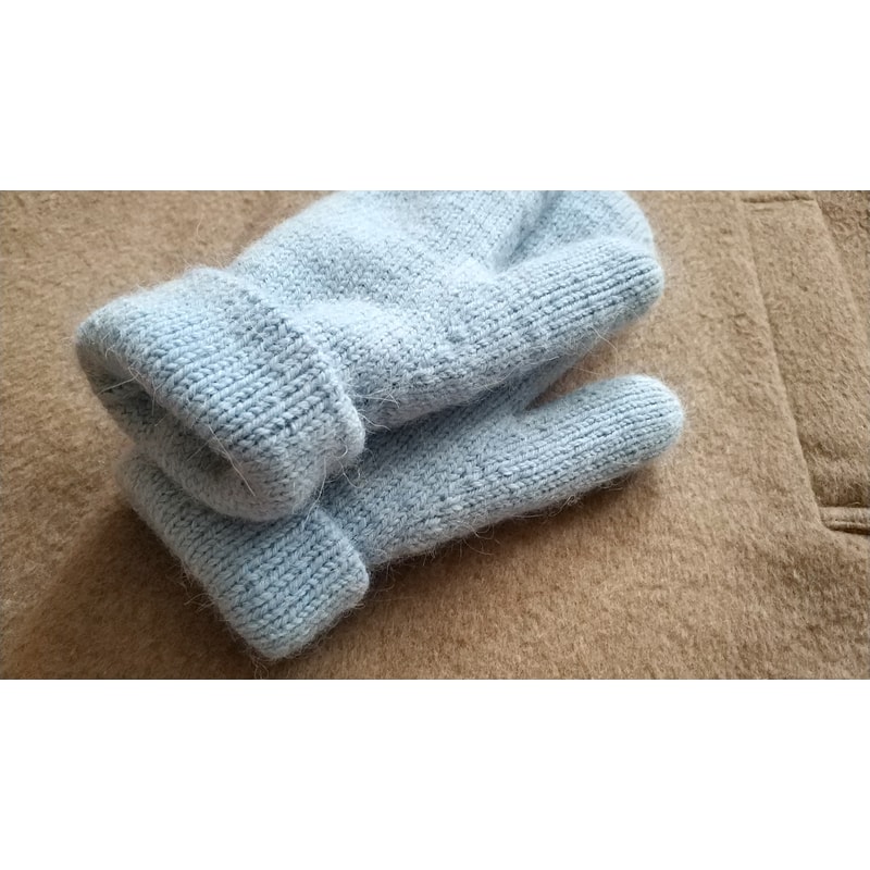 Double soft light blue color warm alpaca wool women handknitted mittens