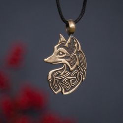 Fox pendant with celtic character on black leather cord. Tiny handmade necklace. Norse design handcrafted jewelry.