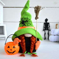 gnome witch with broom and pumpkin / halloween tiered party tray decor