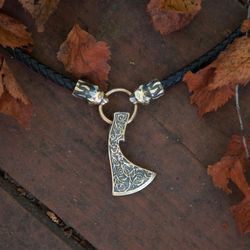 Axe pendant on leather cord. Brass viking handmade jewelry. Berserk warrior necklace. Pagan weapon celtic ornament art