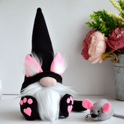 Plush black cat gnome with mouse