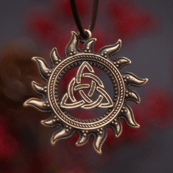 Sun Triquetra viking pendant on leather cord. Trinity in solar circle with runes necklace. Scandinavian handmade jewelry