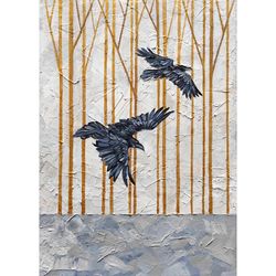 Raven Painting Bird Original Art Impasto Oil Painting Gold Forest Crow Artwork Abstract Black Bird Wall Art by AlyonArt