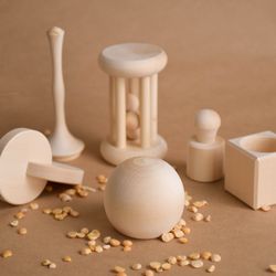 wooden montessori baby gift toys set of interlocking discs, rattle, rolling ball