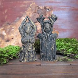 Set 2 figurines – Cernunnos Horned God statue, Mother Earth Goddess Gaia
