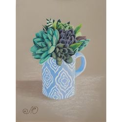 Succulent Painting Cup Original Art Cactus Wall Art Floral  Artwork Still Life Soft Pastel Painting