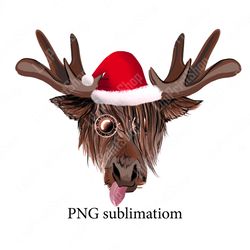 Moose Santa hat stick the tongue PNG Christmas deer with red hat clip art png Funny raindeer with sunglass clipart