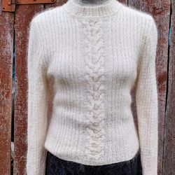 Bridal White sweater from merino wool. Wedding Mohair long sleeve crew neck sweatshirt wool pullover hand knited sweater