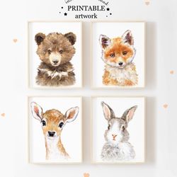 Wild Baby Animals Portrait Set of 4, Woodland Nursery Art, Woodland animals print set, Animal prints for nursery