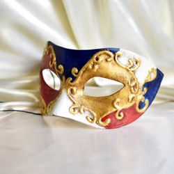 Red gold blue Venetian mask to masquerade costume. Custom cosplay mask to halloween costume. Men maquerade mask.