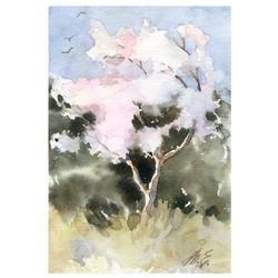 Flowering tree painting Original watercolor postcard Small artwork by Yulia Evsyukova