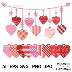 Festive Garland of hearts with ornaments, SVG