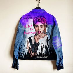 madonna frozen vogue painted denim jacket custom jacket portrait from photo personalized order black denim jacket shirt