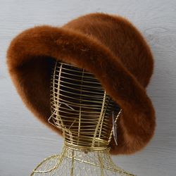 Ginger faux fur bucket hat. Luxury mink furry hat. Fashion fluffy hat for women. Cute brown winter hat.  Fuzzy rave hat.