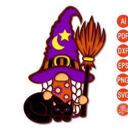 Layered Gnome Girl Mandala With Broom and Black Cat SVG, Little Witch Halloween  cutting template DXF