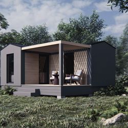20'x16' modern cabin architectural plans with 1 bedroom and  deck