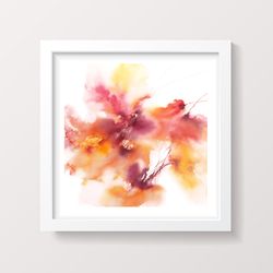 Orange floral wall art Expressionist art Watercolor original painting Small Living room Bedroom Girl room wall decor
