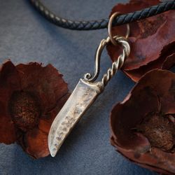 Big blacksmith's Knife pendant on black leather cord. Massive rustic knife necklace. Warrior jewelry. Present for him