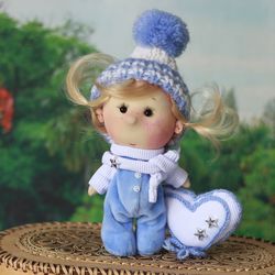 Fabric doll Baby in a blue jumpsuit. Interior doll. Ready to ship doll