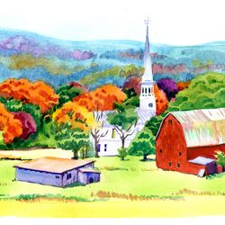 Vermont Painting Watercolor Original Art Barn Artwork Church Painting Landscape Small 8 by 12 inches